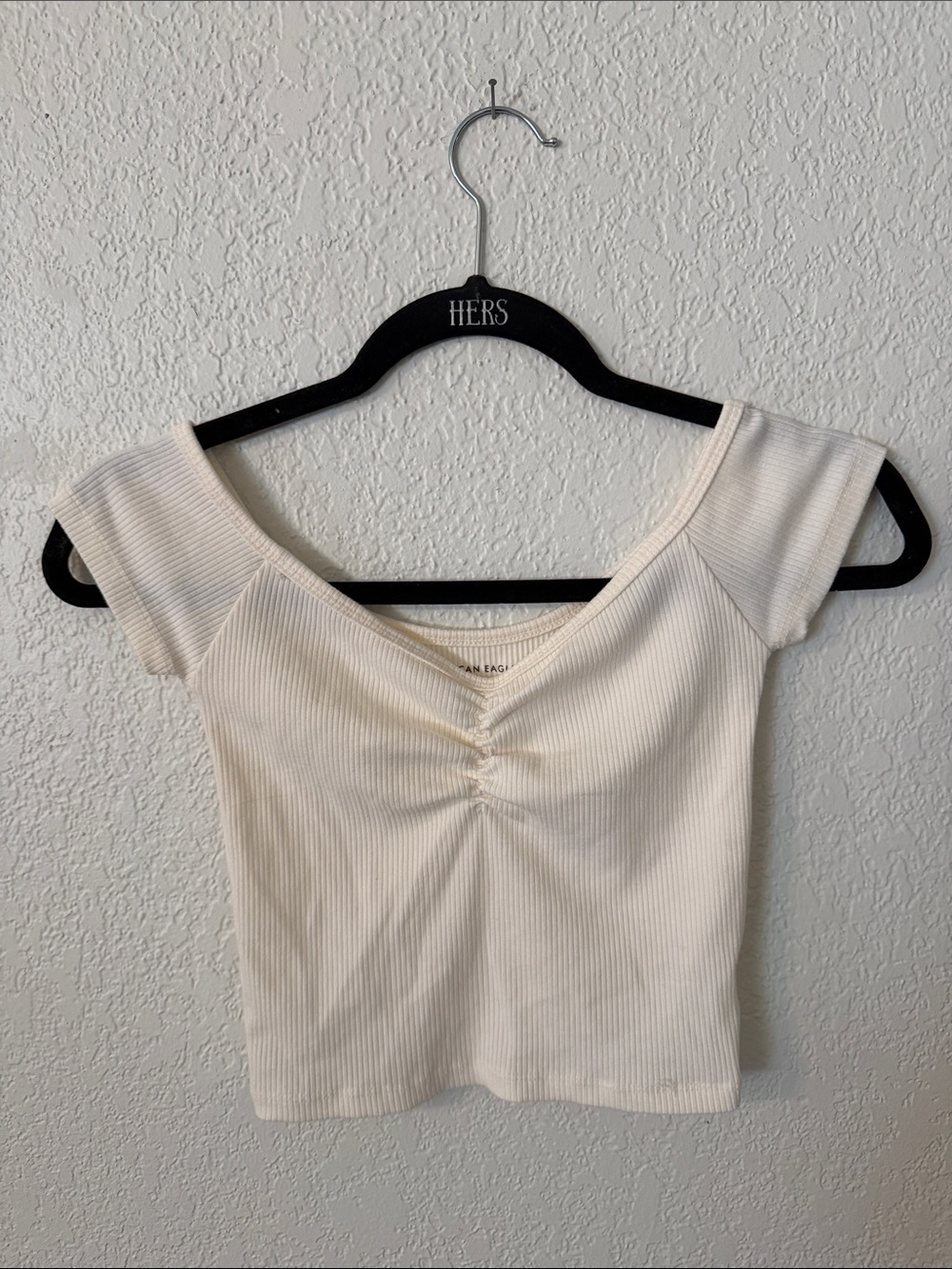 American Eagle Outfitters Cream Ribbed Short Sleeve Top
